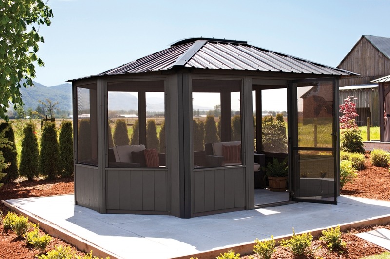 The side view of a Fully Enclosed Arctic Spa Jasper Gazebo 